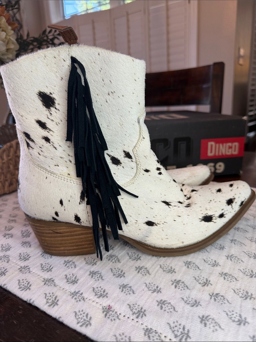 dingo White and Black Speckled Fringe Western Ankle Boots